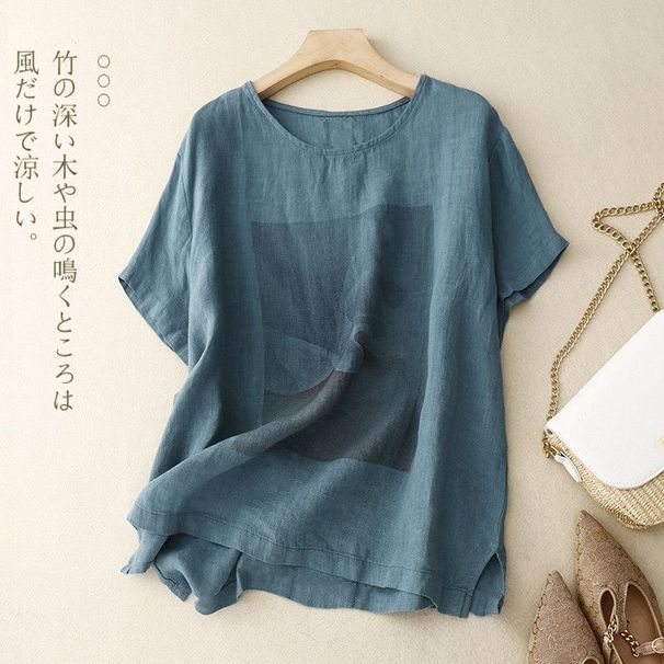 This Simple, Minimalist Cotton And Linen Short-Sleeved Top With A Printed Design Offers Great Versatility As A Loose-Fit_ecoleips.com