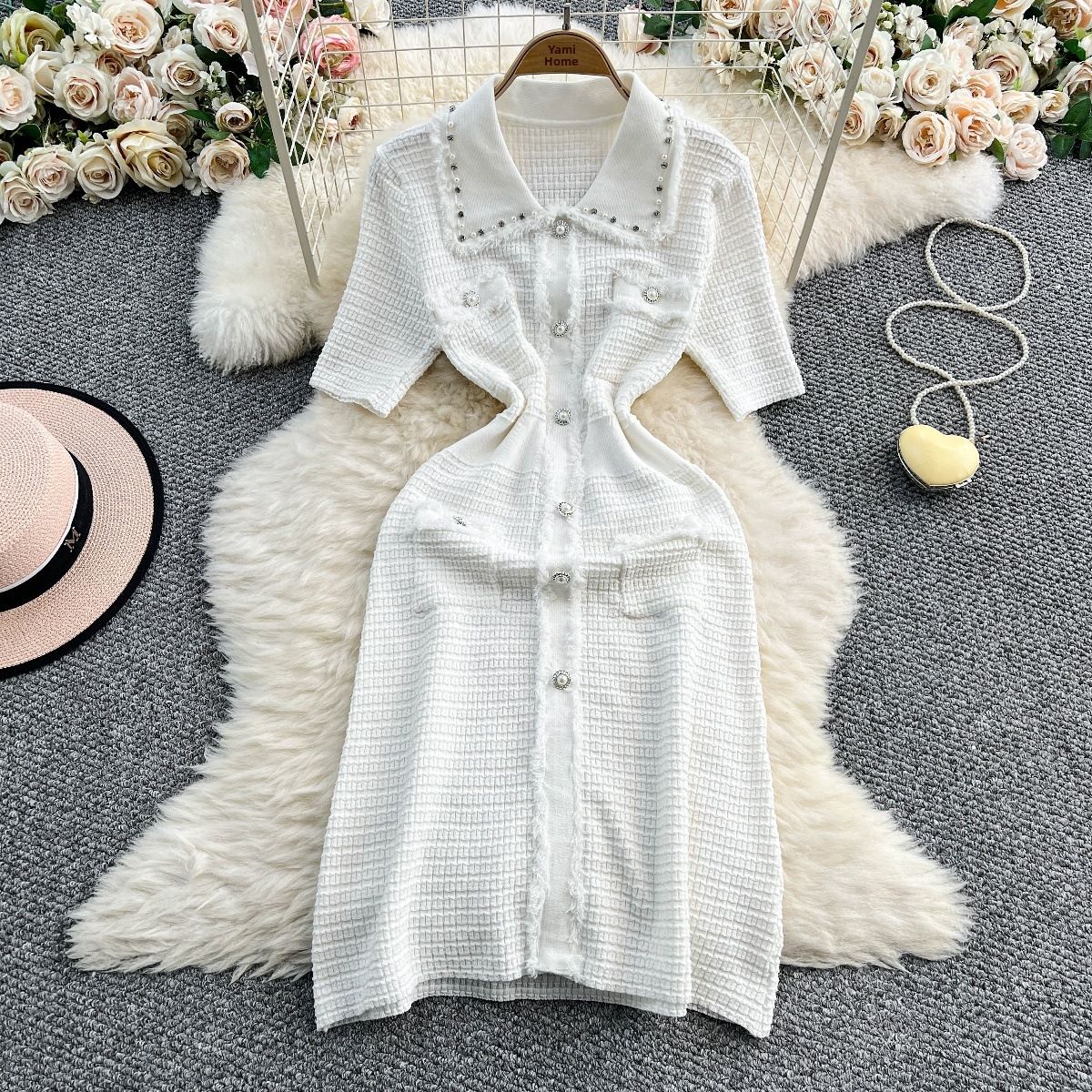 Women's Clothing Spring Summer New French Chic Short Sleeve Dress Peter Pan Collar Slim Fit Beaded Women's Clothing_ecoleips.com