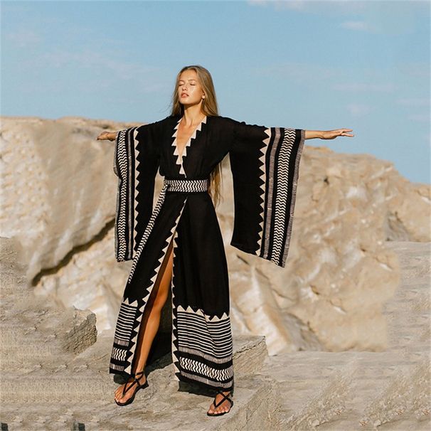 Voya European American Popular Printed Loose Plus-size Bell-sleeve Beach Cover-up, Sexy Cardigan With Belt,_ecoleips.com