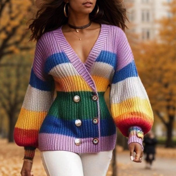 Women's Clothing Striped Color-Block V-Neck Cardigan – Oversized Polyester-Acrylic Blend Knit, Long-Sleeve Open Front Sweater(Violet, XXS-XXL)_ecoleips.com