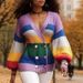 Women's Clothing Striped Color-Block V-Neck Cardigan – Oversized Polyester-Acrylic Blend Knit, Long-Sleeve Open Front Sweater(Violet, XXS-XXL)_ecoleips.com
