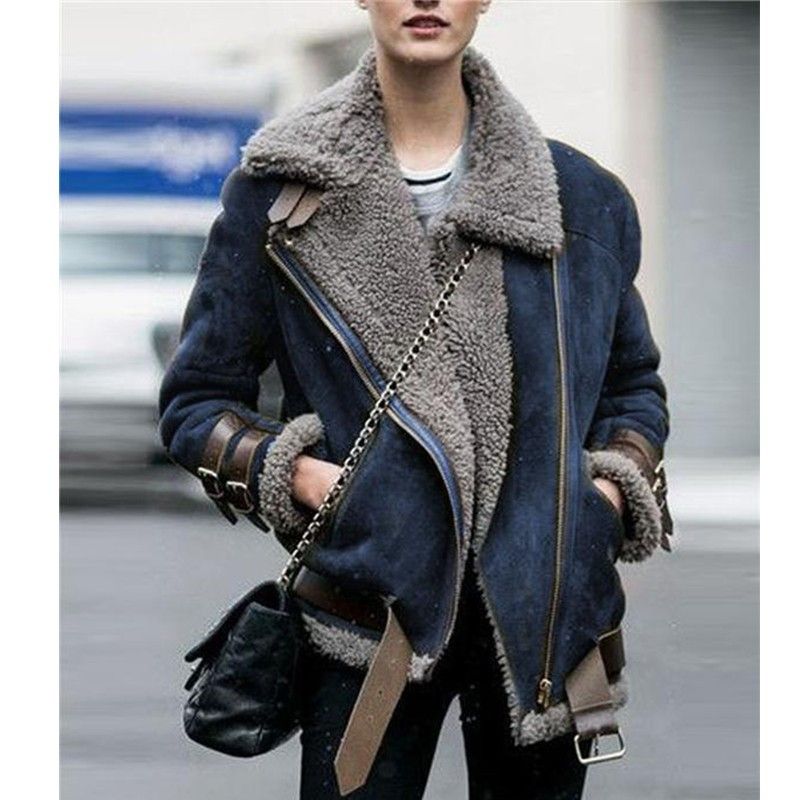 Women's Clothing popular motorcycle deerskin velvet lambswool coat women's lapel fur cotton coat 0055_ecoleips.com