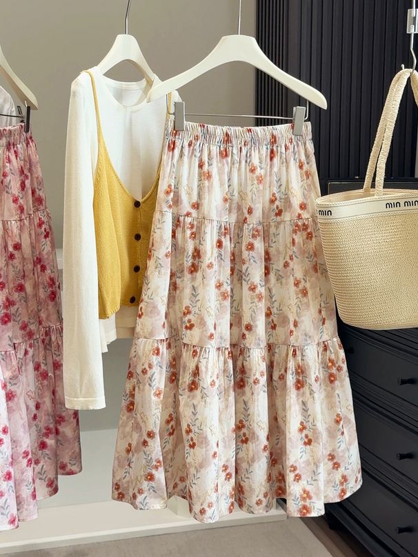 Gentle Floral Skirt Women's Spring And Summer New High Waist Temperament Slim And Thin A-shaped Big Swing Skirt_ecoleips.com