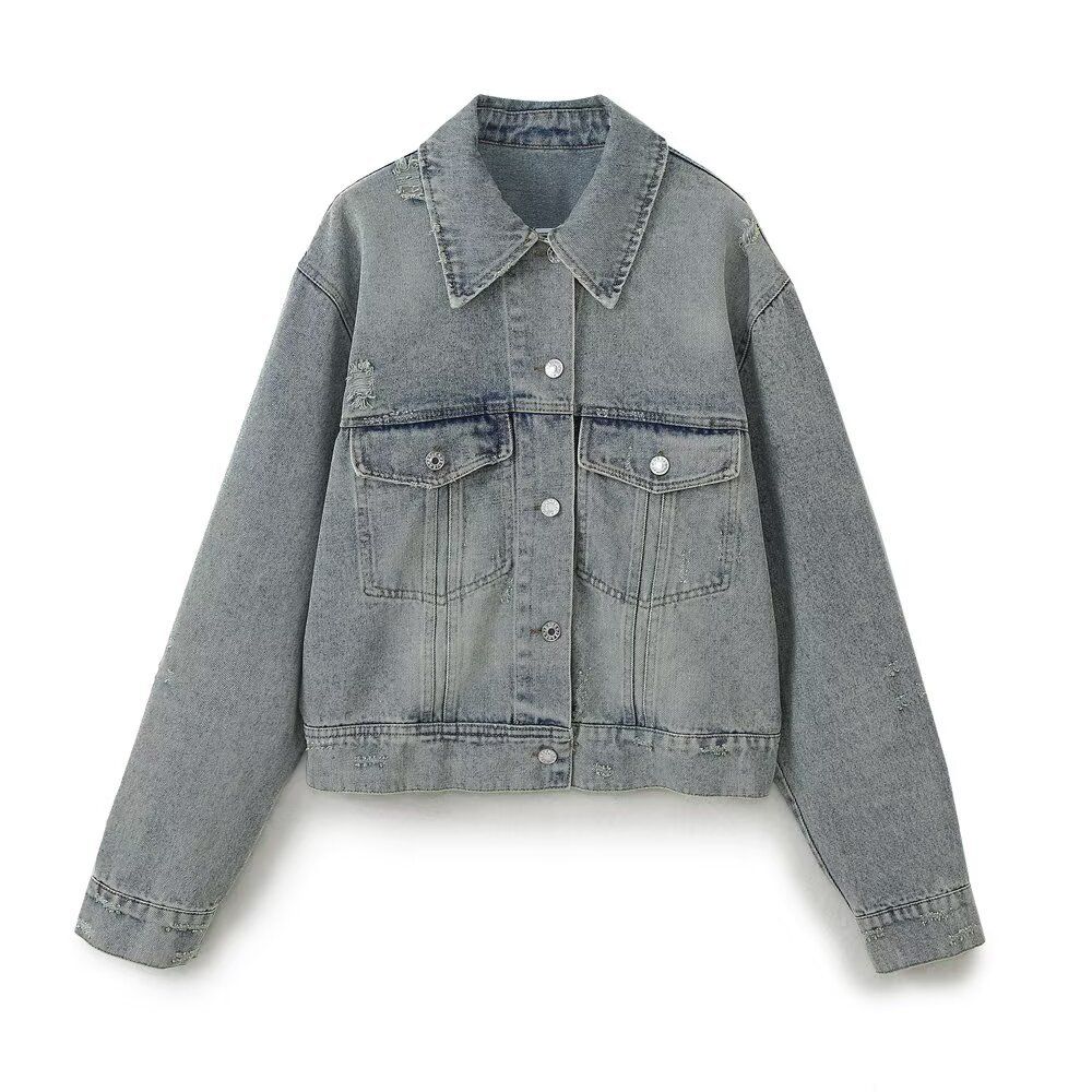 Women's Classic Denim Jacket – Versatile Long Sleeve Coat For Casual & Office Wear (XS/S/M/L, Grey)_ecoleips.com