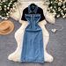 Women's Clothing Style Women's Faux Denim Patchwork Maxi Skirt Slimming Waist Cinching Summer Short Sleeved A-Line Two Piece Dress_ecoleips.com