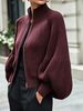 Wine Red Zip Stand Collar Pit Rib Knit Cardigan, Loose Lantern Sleeve Lightweight Breathable Soft Skin-touch Cropped Knit Jacket_ecoleips.com