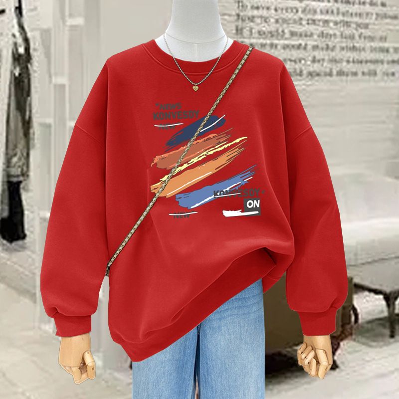 Women's Fashion Printed round Neck Fleece Lined Thick Pullover Sweatshirt Autumn/Winter Chic And Youthful Style 2023_ecoleips.com