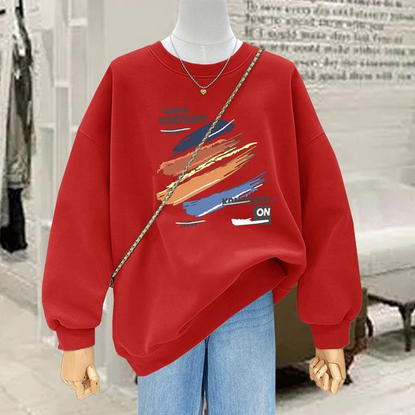 Women's Fashion Printed round Neck Fleece Lined Thick Pullover Sweatshirt Autumn/Winter Chic And Youthful Style 2023_ecoleips.com