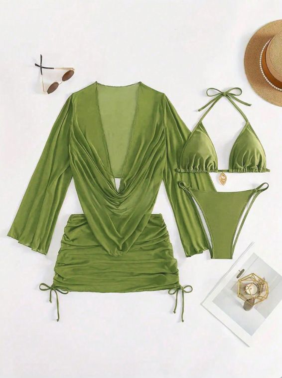 Women's Clothing Two-Piece Swimsuit Sexy Tie-Up Bikini Set With Light Gauze Cover Up_ecoleips.com