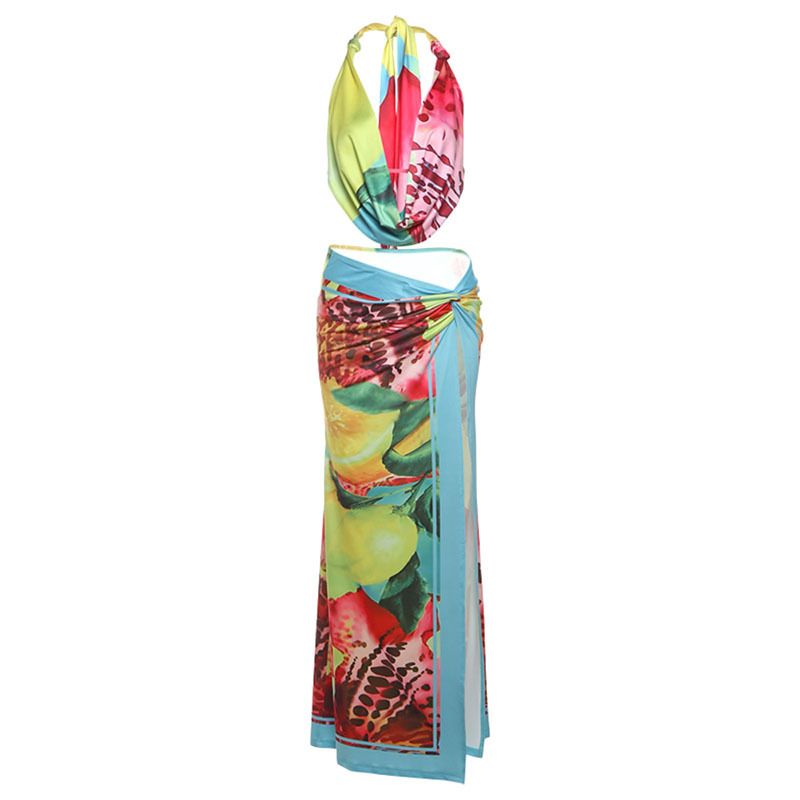 Summer New Women's Fashion Sexy Halter Backless Top And Split Skirt Set_ecoleips.com