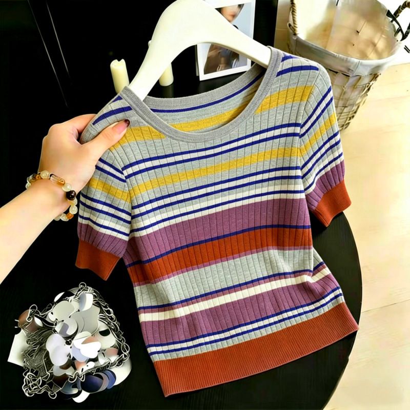 Summer New Women's Slim Fit Rainbow Striped Ice Silk Crew Neck Knitted Short Sleeve T-Shirt Top_ecoleips.com