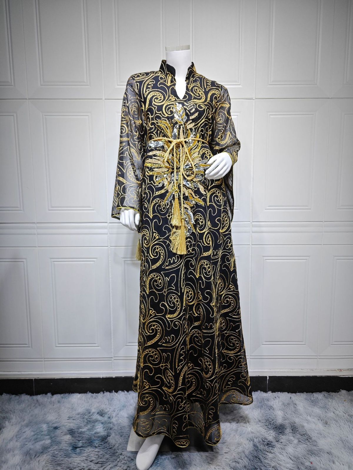 Elegant Embroidered Jalabiya Dress – Modest Muslim Evening Gown With Beaded Details For Banquets & Home Wear_ecoleips.com