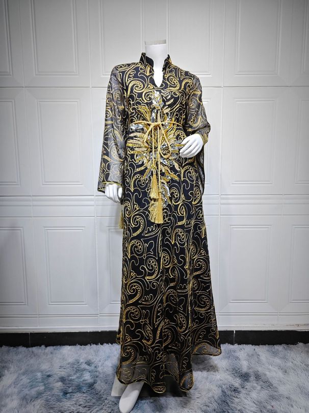 Elegant Embroidered Jalabiya Dress – Modest Muslim Evening Gown With Beaded Details For Banquets & Home Wear_ecoleips.com