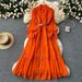 Women's Clothing With Stand Up Collar Trumpet Sleeves Waisted Single Breasted Lace Stitching Long Swing Skirt_ecoleips.com