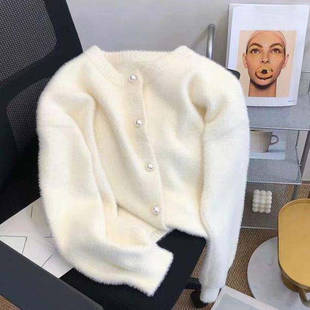 Cropped Faux Mink Cardigan – Oversized Knit Coat With Lantern Sleeves (Soft White/Pink/Mint, Plush Textured Fabric)_ecoleips.com