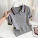 Women's Contrast Color Striped Knit Top Casual Short Sleeve Crew Neck Slim Fit T-Shirt Grey Fashion Top_ecoleips.com
