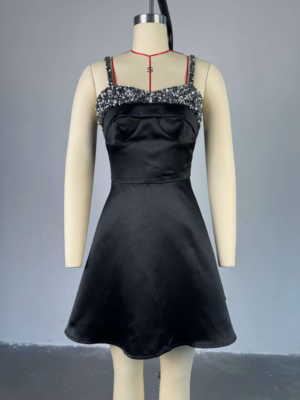 Women's Clothing Elegant Sequined Splicing Tube Top Suspender Evening Short Dress_ecoleips.com