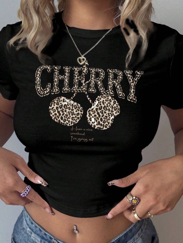 Women's Clothing Cherry Leopard Cherry Slim Short T Shirt Women's Fashion_ecoleips.com
