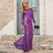 "Elegant Long Sleeve Sequined Evening Dress – Purple & Gold Round Neck Glam Gown For Parties & Special Occasions"_ecoleips.com