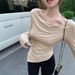 Voya Women's Hot Girl Pure Want To Hang Neck T-shirt Autumn And Winter New Style One Shoulder Off Shoulder Solid Color Interior Top_ecoleips.com