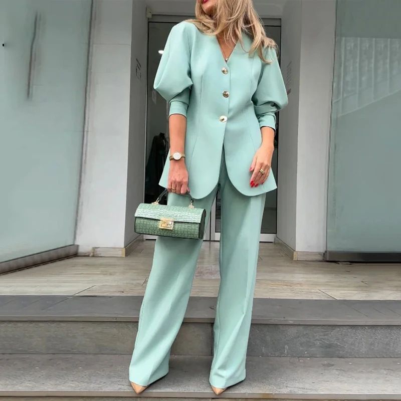 Women's fashion solid color lantern sleeve loose suit temperament commuting suit_ecoleips.com
