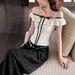 AD440 New Spring/Summer Cross-Border Wave Pattern Textured Versatile Bowknot Pure Desire High-End Chic Off-Shoulder_ecoleips.com