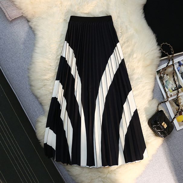 Women's Spring And Summer Accordion Pleat Retro Black And White Contrast Irregular Color Matching Big Swing Pleated Skirt_ecoleips.com