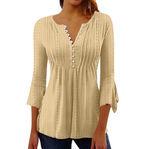 Women's Clothing New Solid Color Hollow V Neck Button Flared Three Quarter Sleeve Top_ecoleips.com