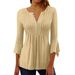 Women's Clothing New Solid Color Hollow V Neck Button Flared Three Quarter Sleeve Top_ecoleips.com