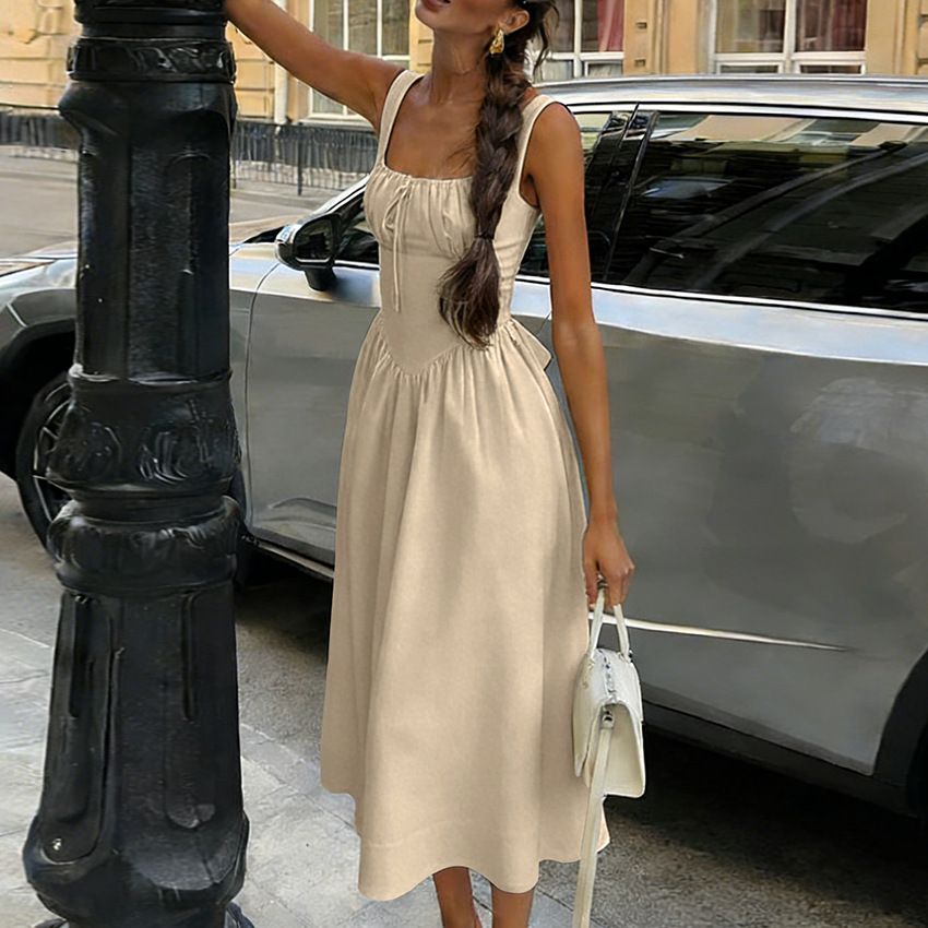 New French Style Women's Suspender Dress Elegant Retro Fashion Casual High Waisted A-Line Skirt Design_ecoleips.com