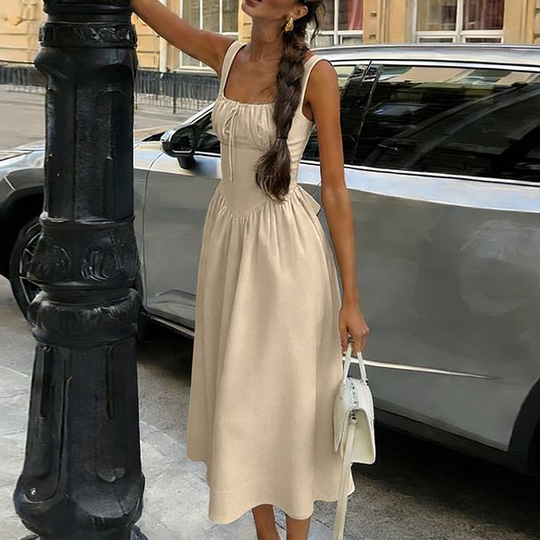 New French Style Women's Suspender Dress Elegant Retro Fashion Casual High Waisted A-Line Skirt Design_ecoleips.com