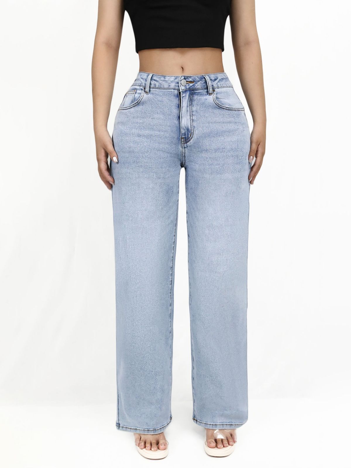 Women's Clothing High Waisted Stretch Wide Leg Trousers, New Style, Hip Lifting Jeans, Street Fashion, Slim Fit, With Pockets, Loose Fit._ecoleips.com