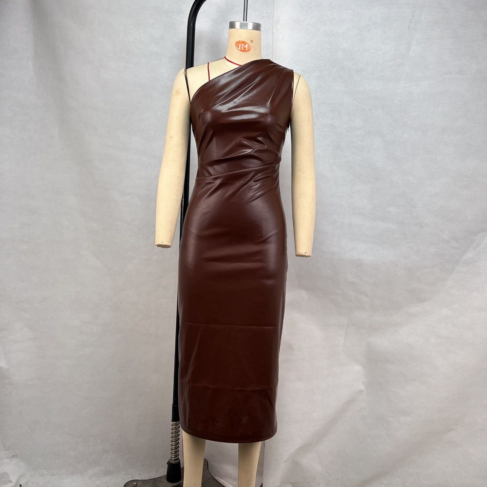 "Sexy PU Leather Bodycon Dress For Women - Tight Fitting Nightclub Party Dress With Oblique Shoulder & Chest Wrap Design, Dark Brown"_ecoleips.com