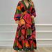 Women's Clothing Women's Fashion Elegant V Neck Geometric Print Splicing Large Skirt Waist Dress Female_ecoleips.com