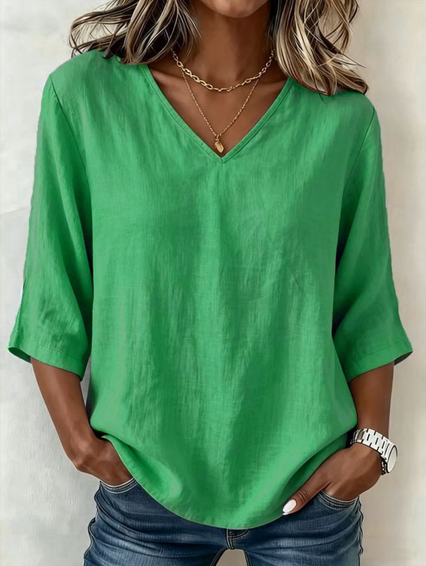 Women's Casual Loose V Neck Top Bamboo Cotton Mid Sleeve Fashion Top For Europe And America 2026_ecoleips.com