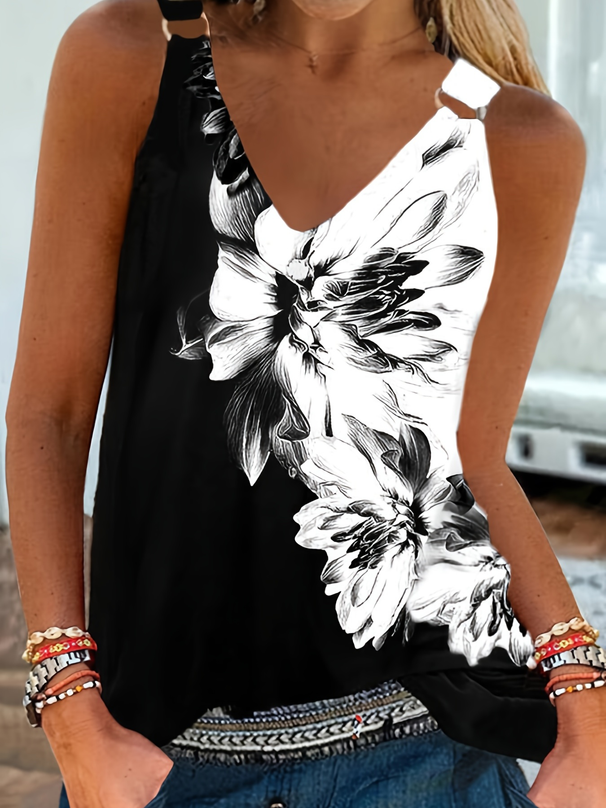 Women's Elegant V-Neck Floral Print Tank Top Fashionable Commuting Summer New Style Daily Wear Camisole_ecoleips.com