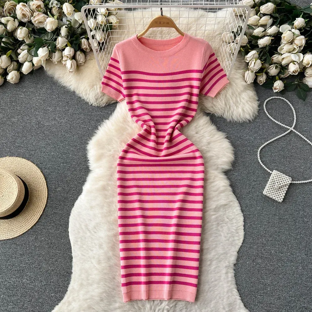 Summer Striped Beach Knitted Dress O Neck Short Sleeves Chic Hotsweet Slim Sundress Streetwear Y2K Bodycon Midi Dress_ecoleips.com