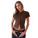 Women's Summer Slim Fit Button Down Cardigan Short Sleeve T-Shirt Ribbed Top New Arrival Supply_ecoleips.com