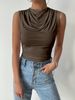 Women's Casual Pleated Design Top Summer Fashion Street Style Solid Color Slim Half High Neck Sleeveless T-Shirt Top_ecoleips.com