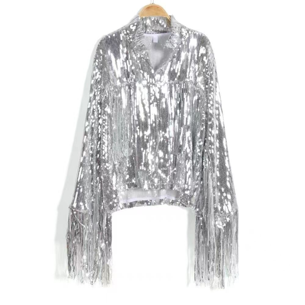 Women's Clothing Sequined Tassel Cardigan Top Jacket Party Annual Meeting Performance Dress_ecoleips.com