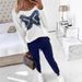 Women’s Clothing Spring and Summer New Casual Contrast Off shoulder Denim Butterfly Decorated Long sleeved Top Color blocked Pants Two piece Set_ecoleips.com