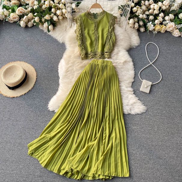Women's fashion high-waisted lean pressed chiffon skirt two-piece set_ecoleips.com