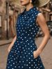 Women Sleeveless Polka Dot Vintage Turn Down Collar Fake Button Lace Up Waist Casual Elegant Party Dress_ecoleips.com