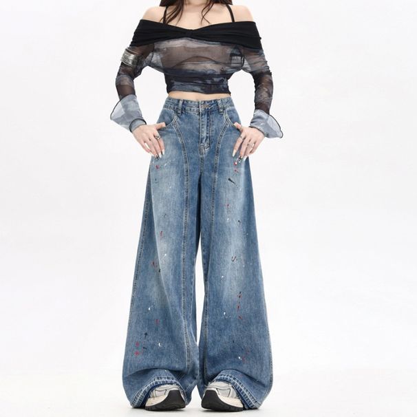 American High Street Design Splash Paint Graffiti Wide-Leg Jeans For Women, Autumn Vintage Distressed Post-Apocalyptic_ecoleips.com