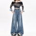 American High Street Design Splash Paint Graffiti Wide-Leg Jeans For Women, Autumn Vintage Distressed Post-Apocalyptic_ecoleips.com