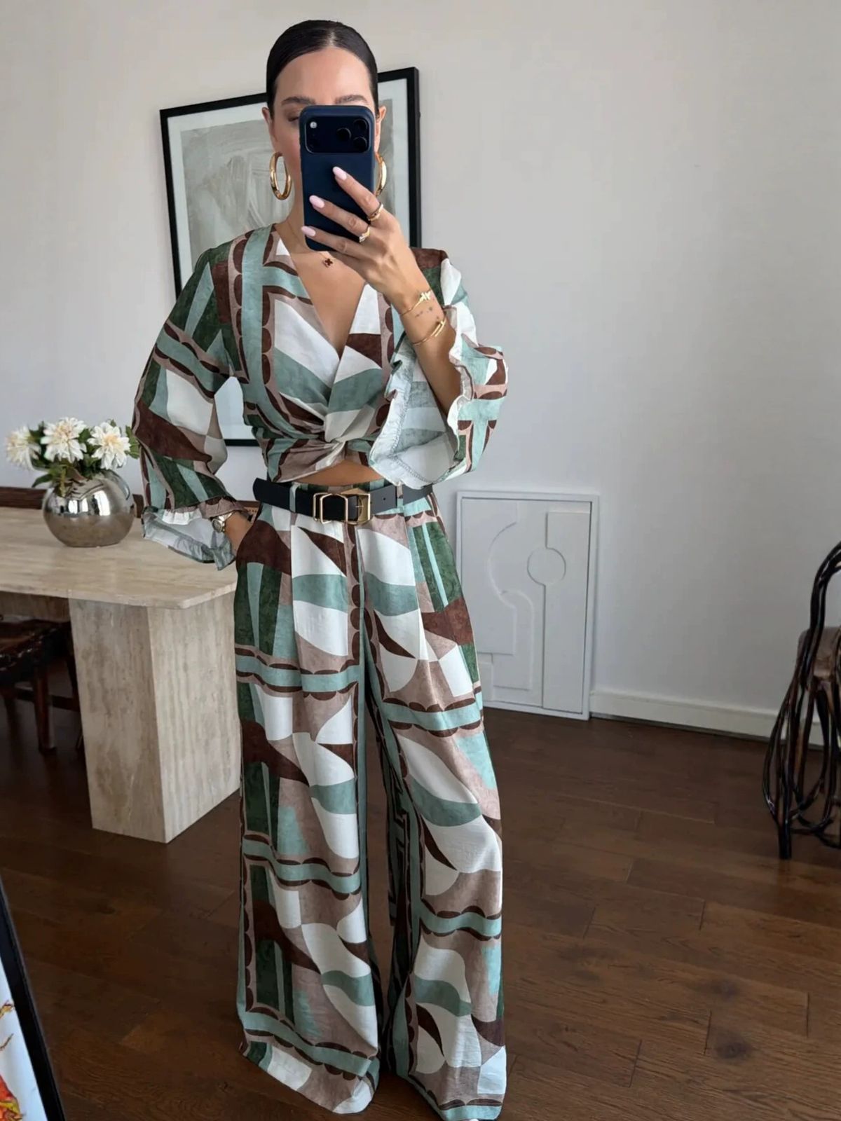Women's Boho Chic Linen-Blend Outfit: Flowy Printed Top With Elastic Waist & Wide-Leg Pants_ecoleips.com