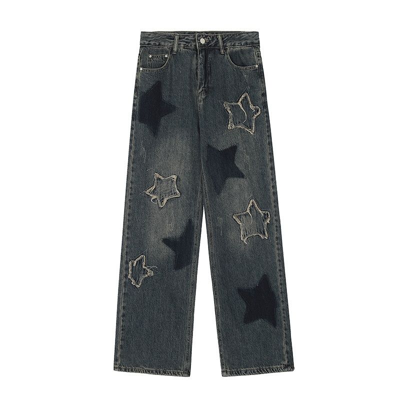 Women's Star Denim Cargo Pants, Autumn American Retro Street Style, Draped High Waist Loose Straight Wide Leg Long_ecoleips.com