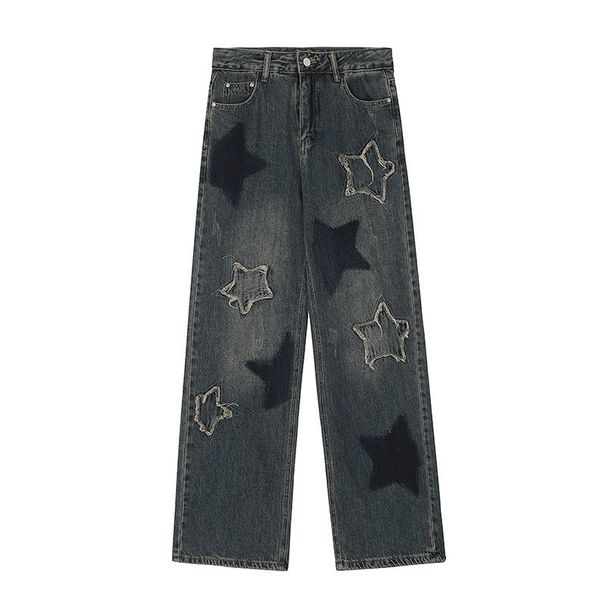 Women's Star Denim Cargo Pants, Autumn American Retro Street Style, Draped High Waist Loose Straight Wide Leg Long_ecoleips.com
