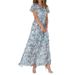European And American Style Beach Maxi Dress for Women Chiffon Floral Print Short Sleeves Ruffled V Neck Waist Cinching Design_ecoleips.com