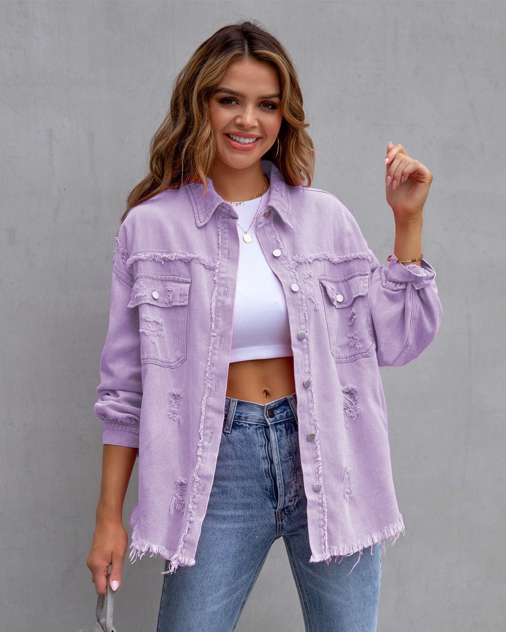 Women's Sweet & Edgy Denim Jacket – Oversized Distressed Washed Coat With Turn-Down Collar, Summer Long Sleeve (15 Colors)_ecoleips.com